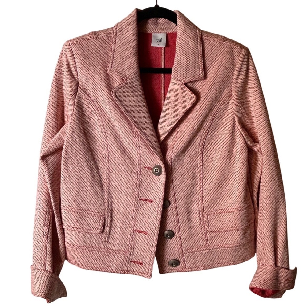 Cabi Pink White Textured Knit Blazer Jacket Women's Size M Button Front Cropped
